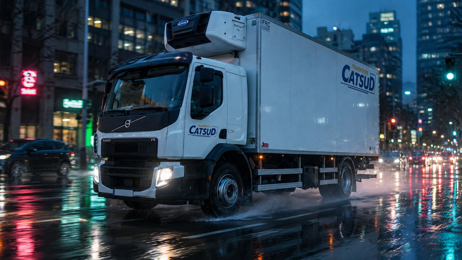 Camión frigorífico Volvo de Transports Catsud circulando por la ciudad bajo la lluvia